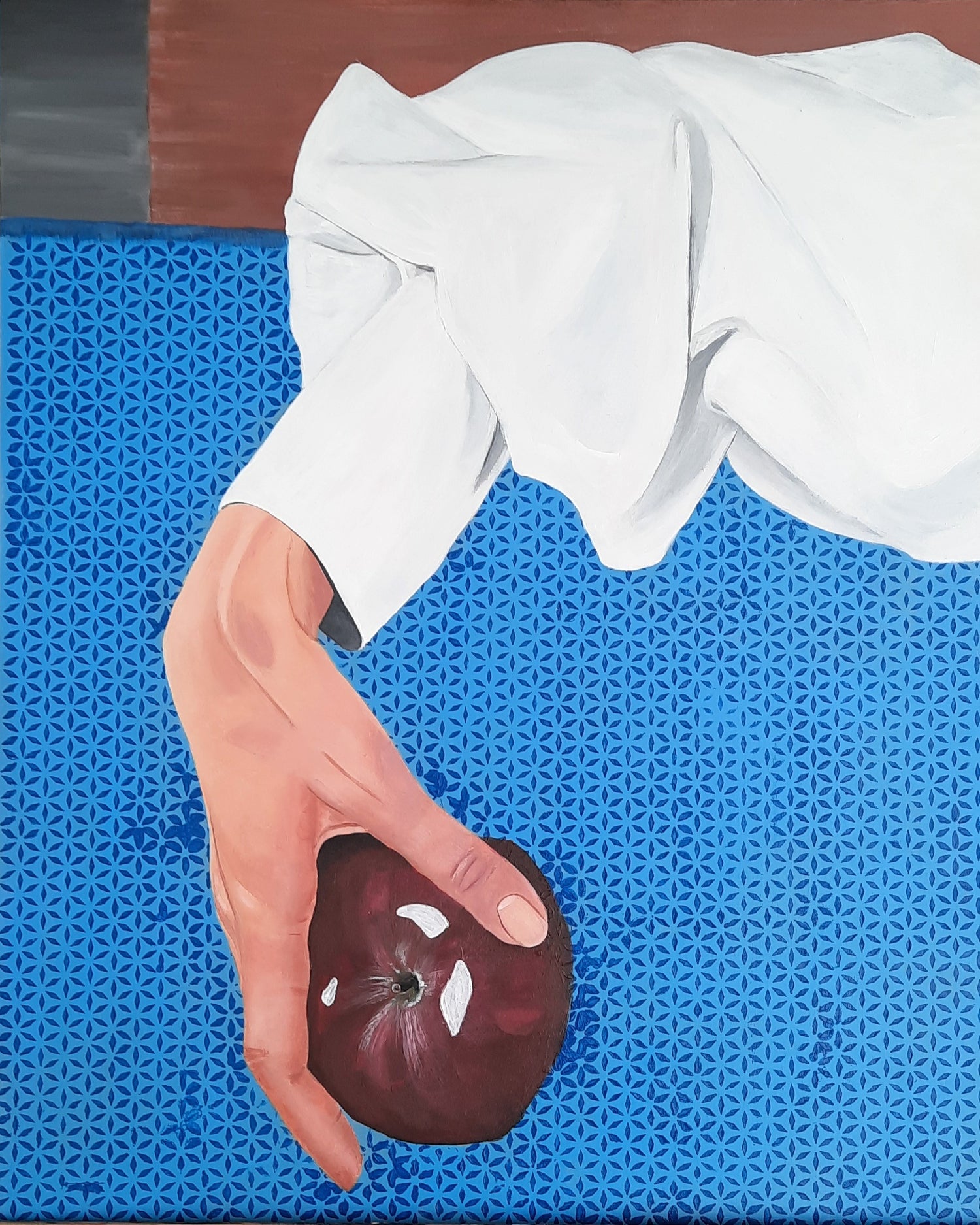 Original acrylic painting on mdf panel of a woman holding an apple by Ana Noronha, titled Done For Today, contemporary figurative art with a summer leisure atmosphere.