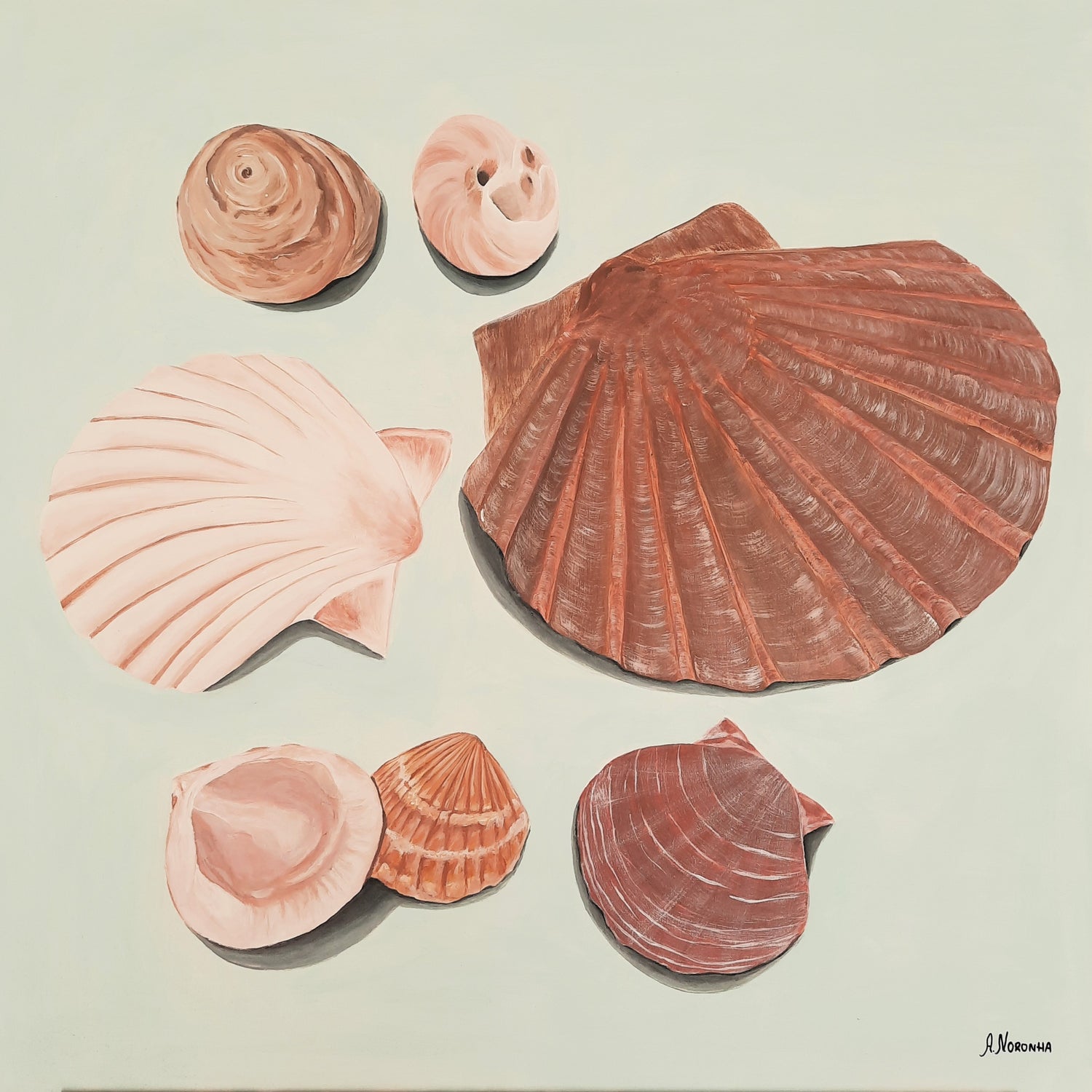 Original still life painting Nature's Jewels by Ana Noronha, featuring various seashells and coral in soft beige and terracotta tones.