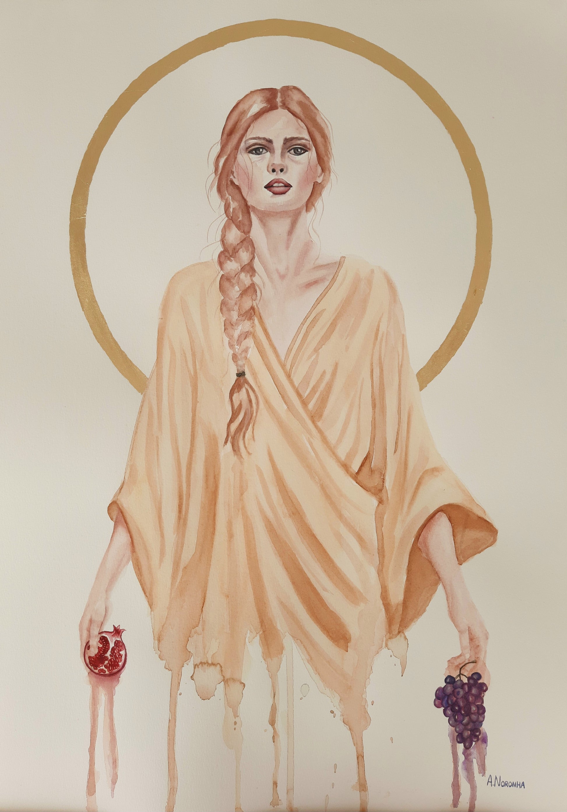 Soft feminine portrait in watercolor, exploring transparency and light, original art on paper by Ana Noronha.