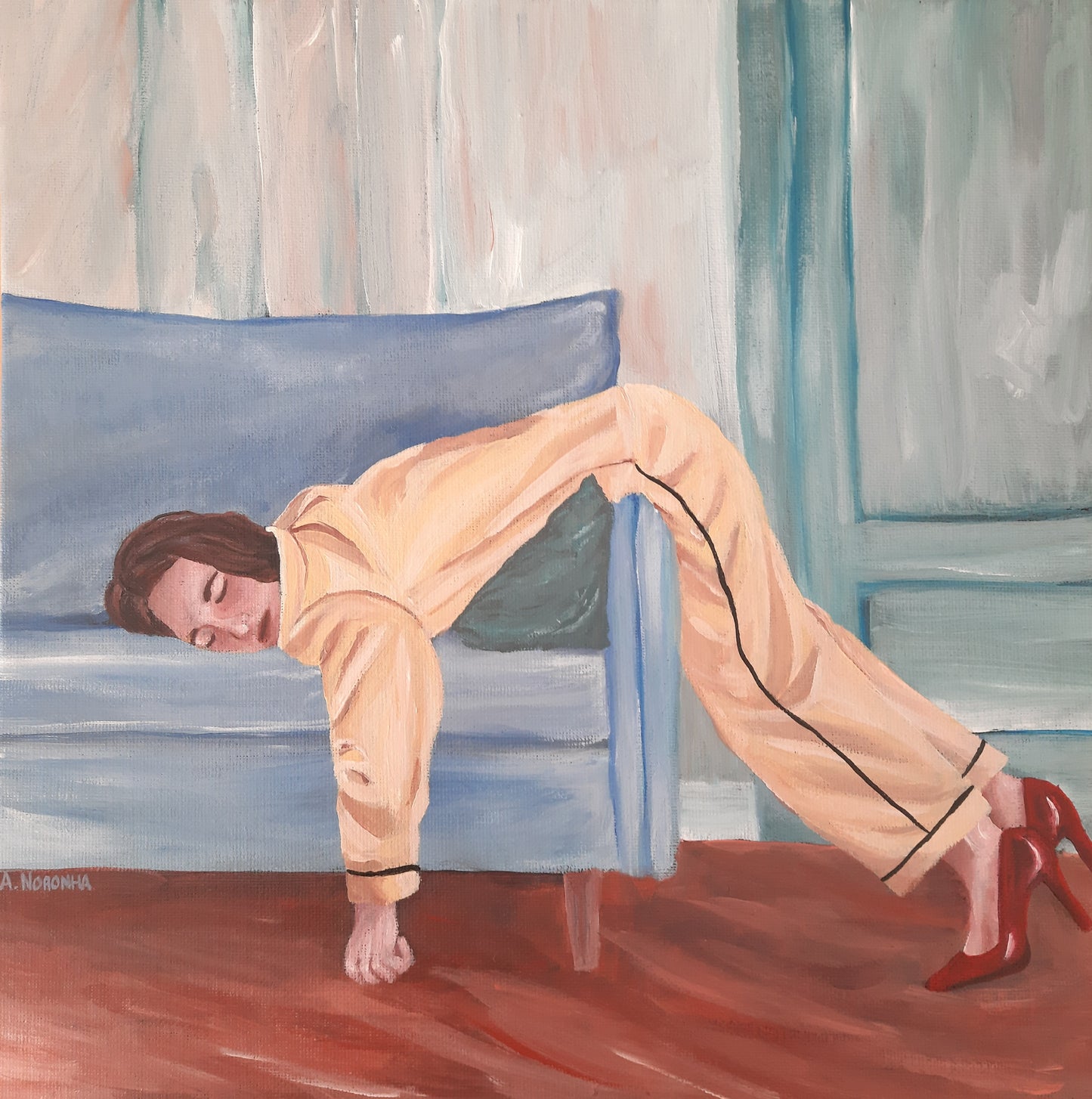 Contemporary acrylic painting titled Jet Lag by Ana Noronha, featuring a figure in red shoes resting on a vibrant blue sofa with expressive brushstrokes and bold colors.