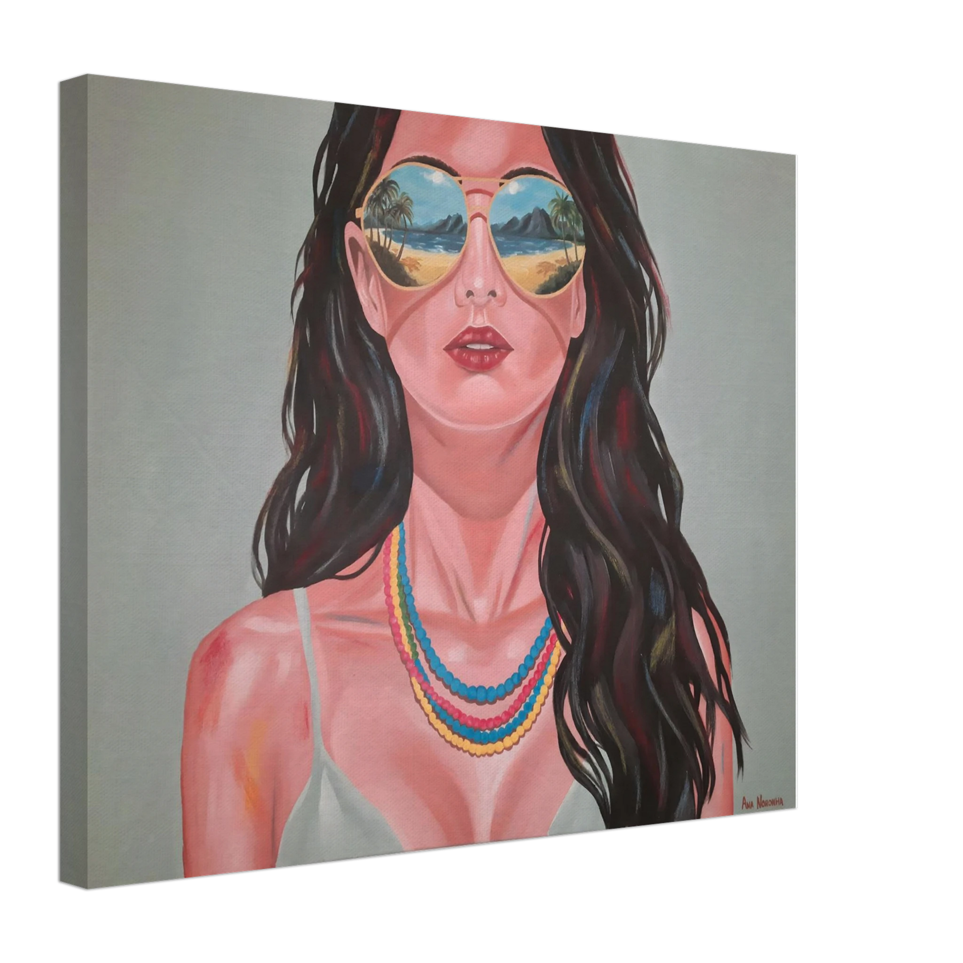 Canvas print of a feminine figurative painting titled 'Still Looking' by Ana Noronha. Features a woman with sunglasses and colorful necklaces in a modern, vibrant style.