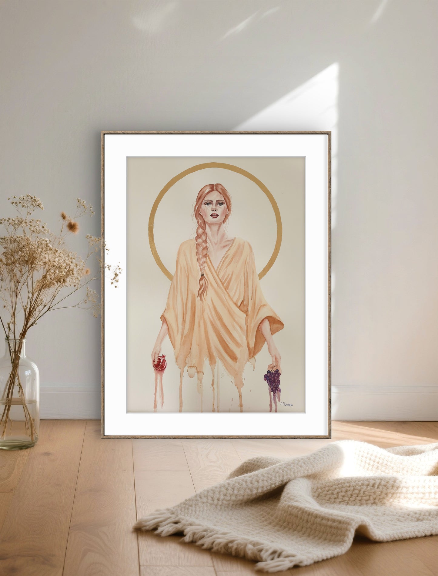 Feminine portrait in watercolor, exploring transparency with gold leaf, original art on paper by Ana Noronha.