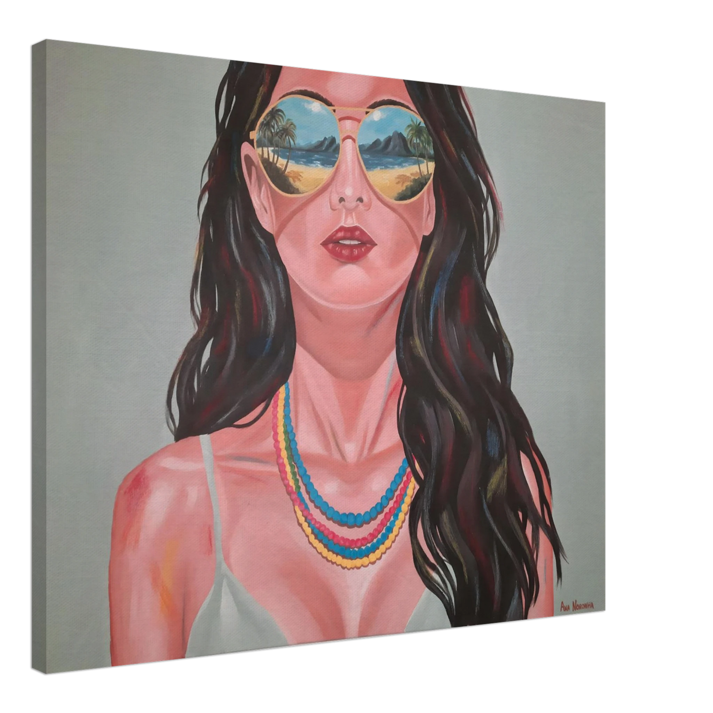 Canvas print of a feminine figurative painting titled 'Still Looking' by Ana Noronha. Features a woman with sunglasses and colorful necklaces in a modern, vibrant style.