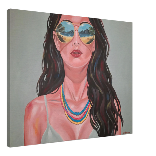 Canvas print of a feminine figurative painting titled 'Still Looking' by Ana Noronha. Features a woman with sunglasses and colorful necklaces in a modern, vibrant style.