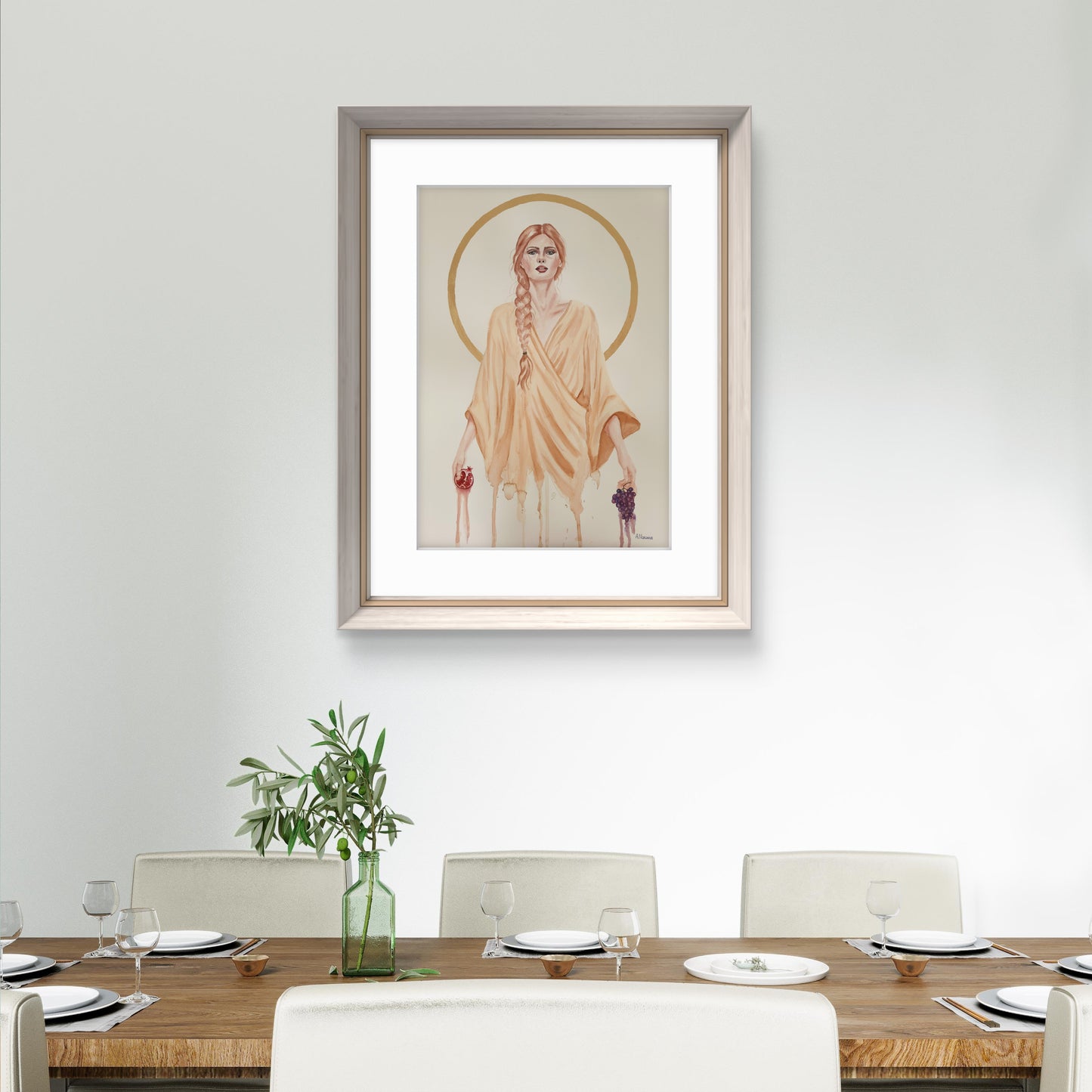Soft feminine portrait in watercolor, exploring transparency with gold leaf, original art on paper by Ana Noronha.