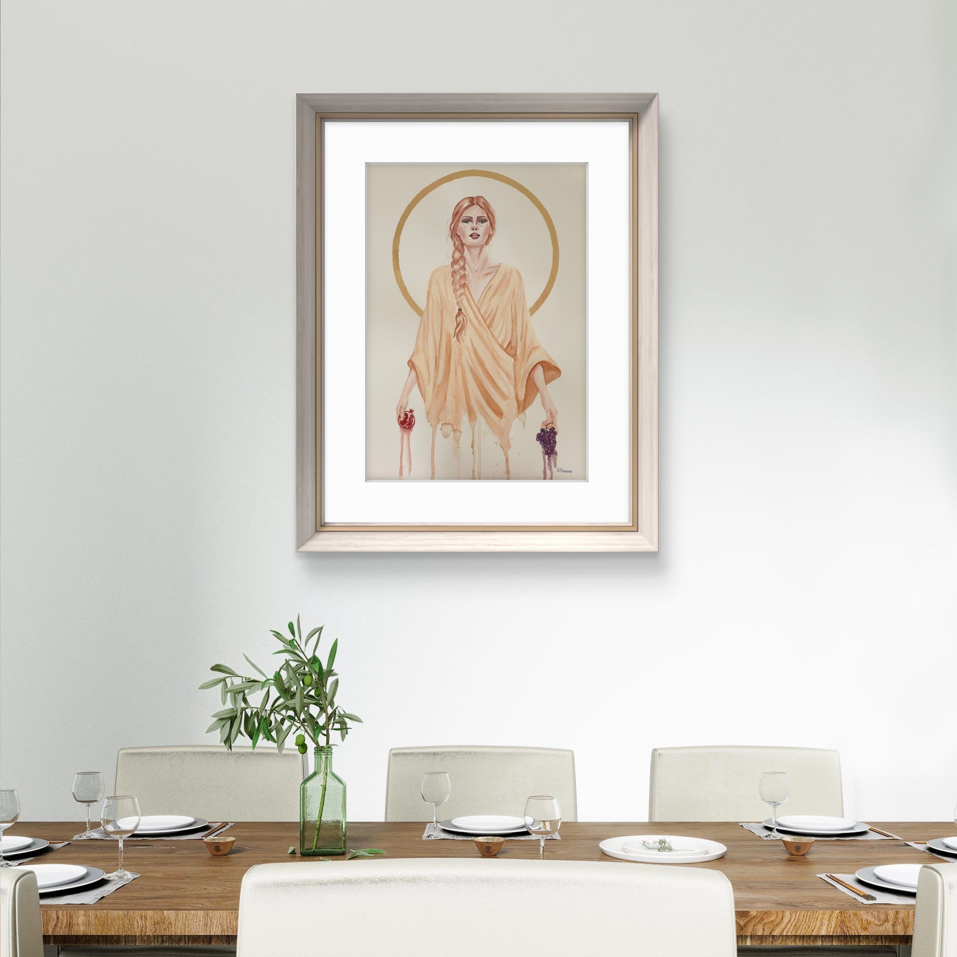 Soft feminine portrait in watercolor, exploring transparency with gold leaf, original art on paper by Ana Noronha.