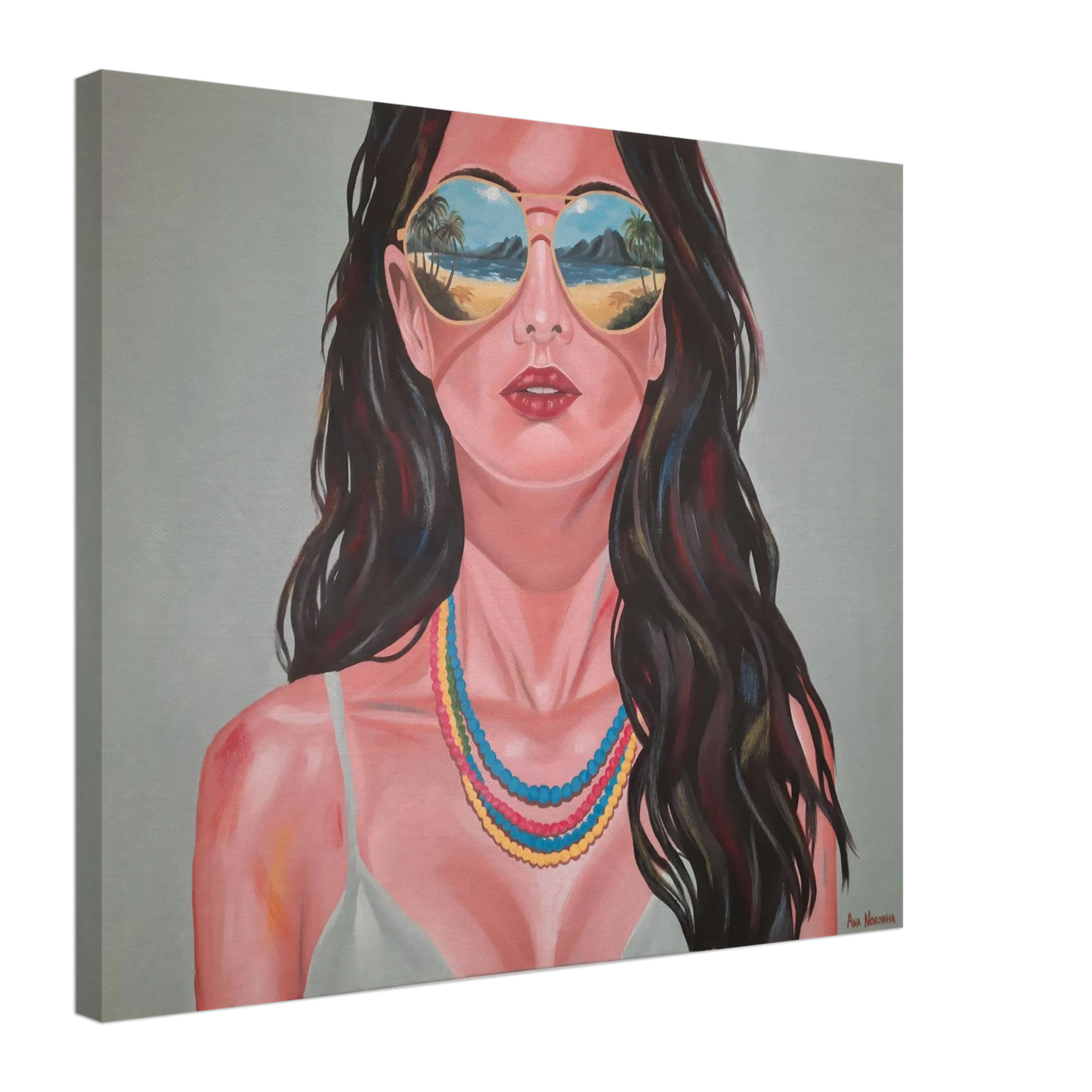 Canvas print of a feminine figurative painting titled 'Still Looking' by Ana Noronha. Features a woman with sunglasses and colorful necklaces in a modern, vibrant style.