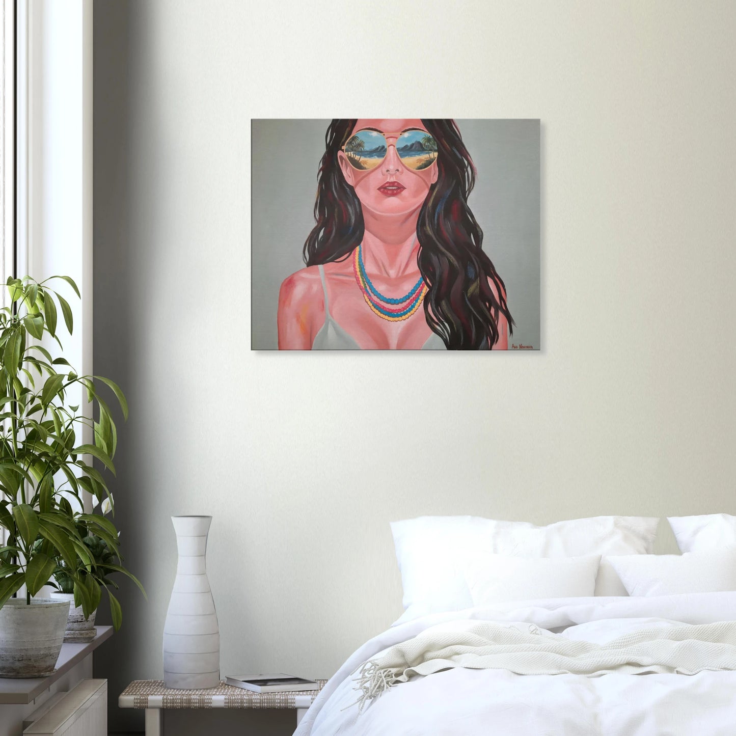 Modern canvas art hanging above a bed for bedroom decor