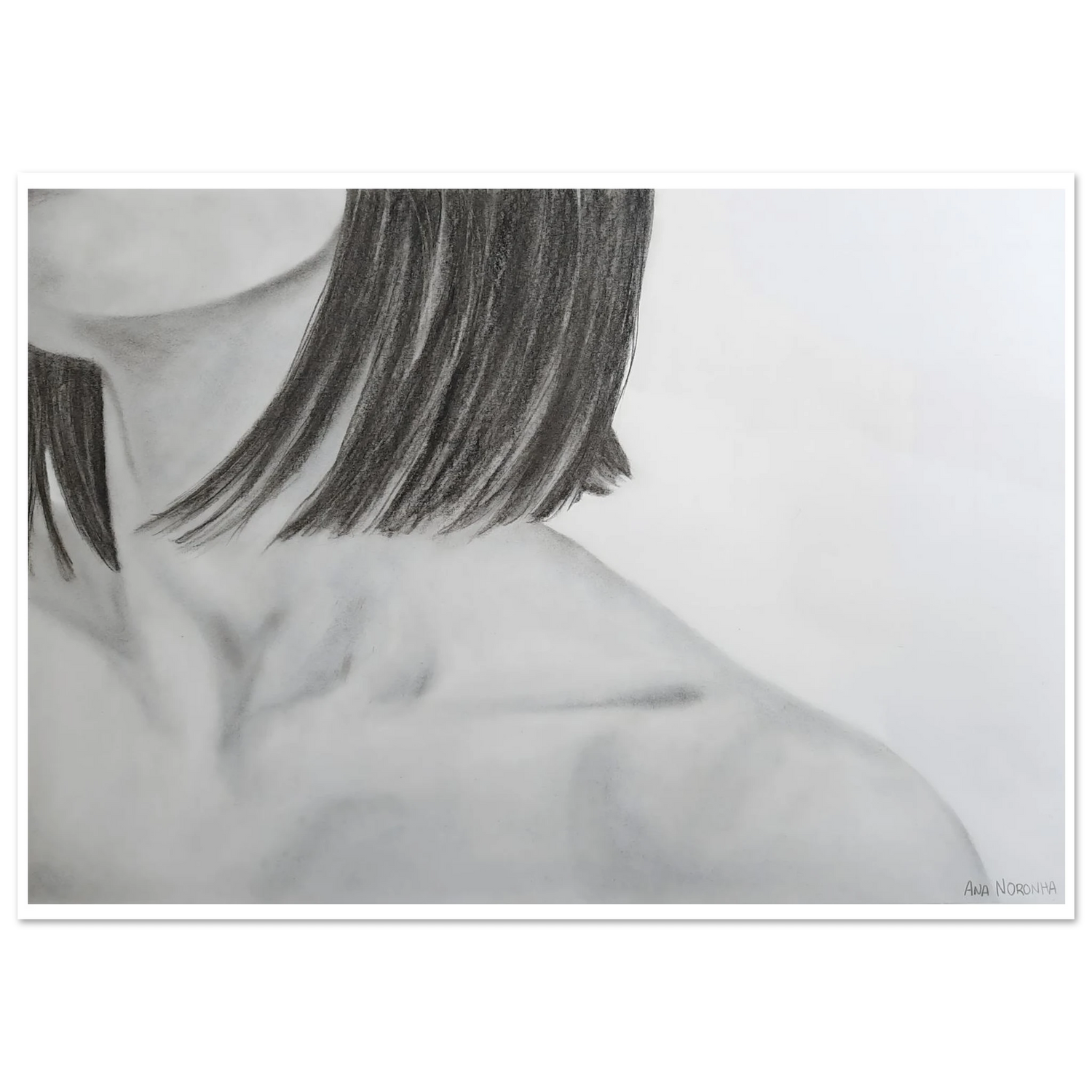 Fine art print of a charcoal drawing titled Subtle Remains by Ana Noronha featuring a minimalist feminine shoulder and neck in black and white.