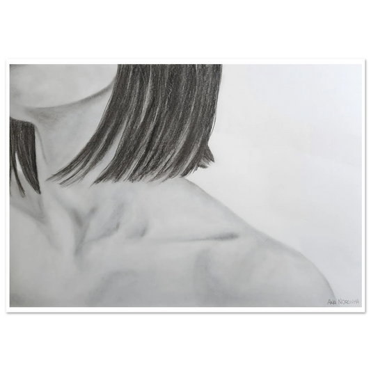 Fine art print of a charcoal drawing titled Subtle Remains by Ana Noronha featuring a minimalist feminine shoulder and neck in black and white.
