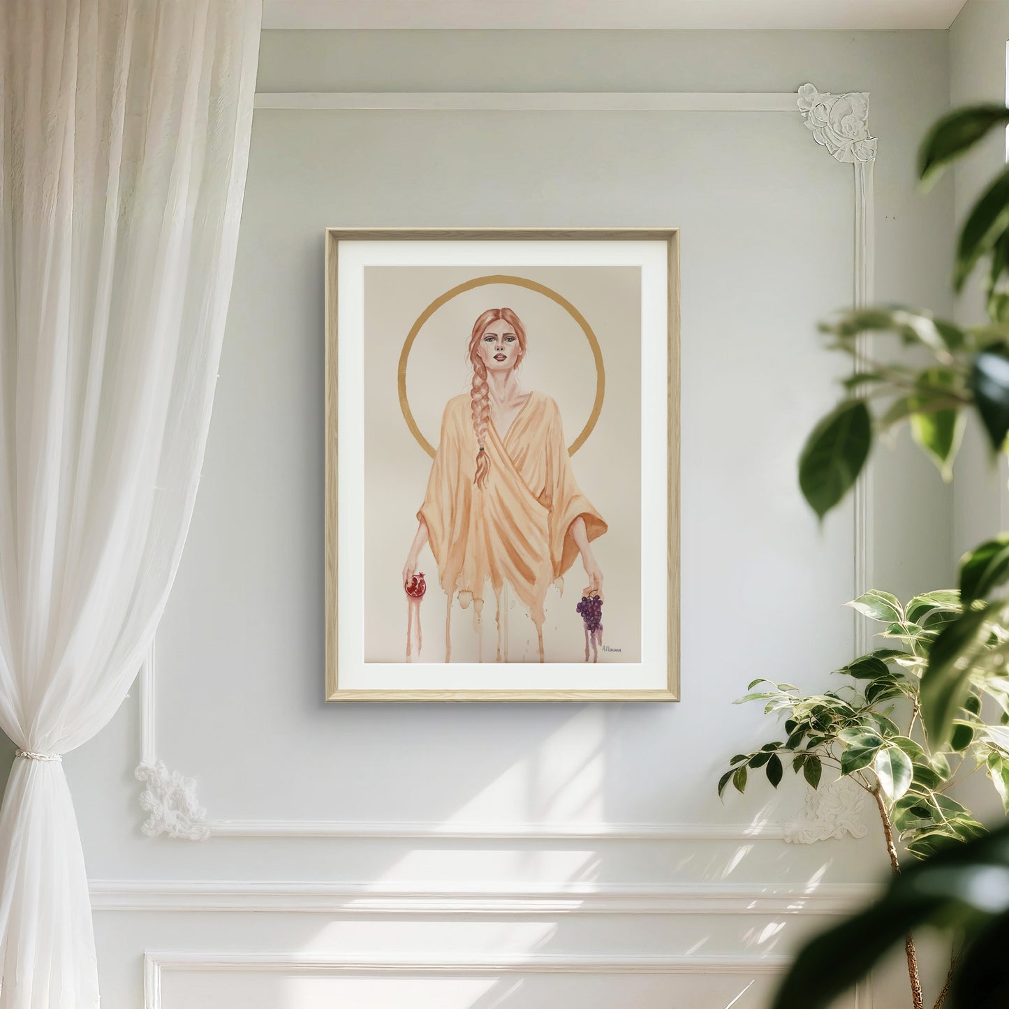 Feminine portrait in watercolor, exploring transparency with gold leaf, original art on paper by Ana Noronha.