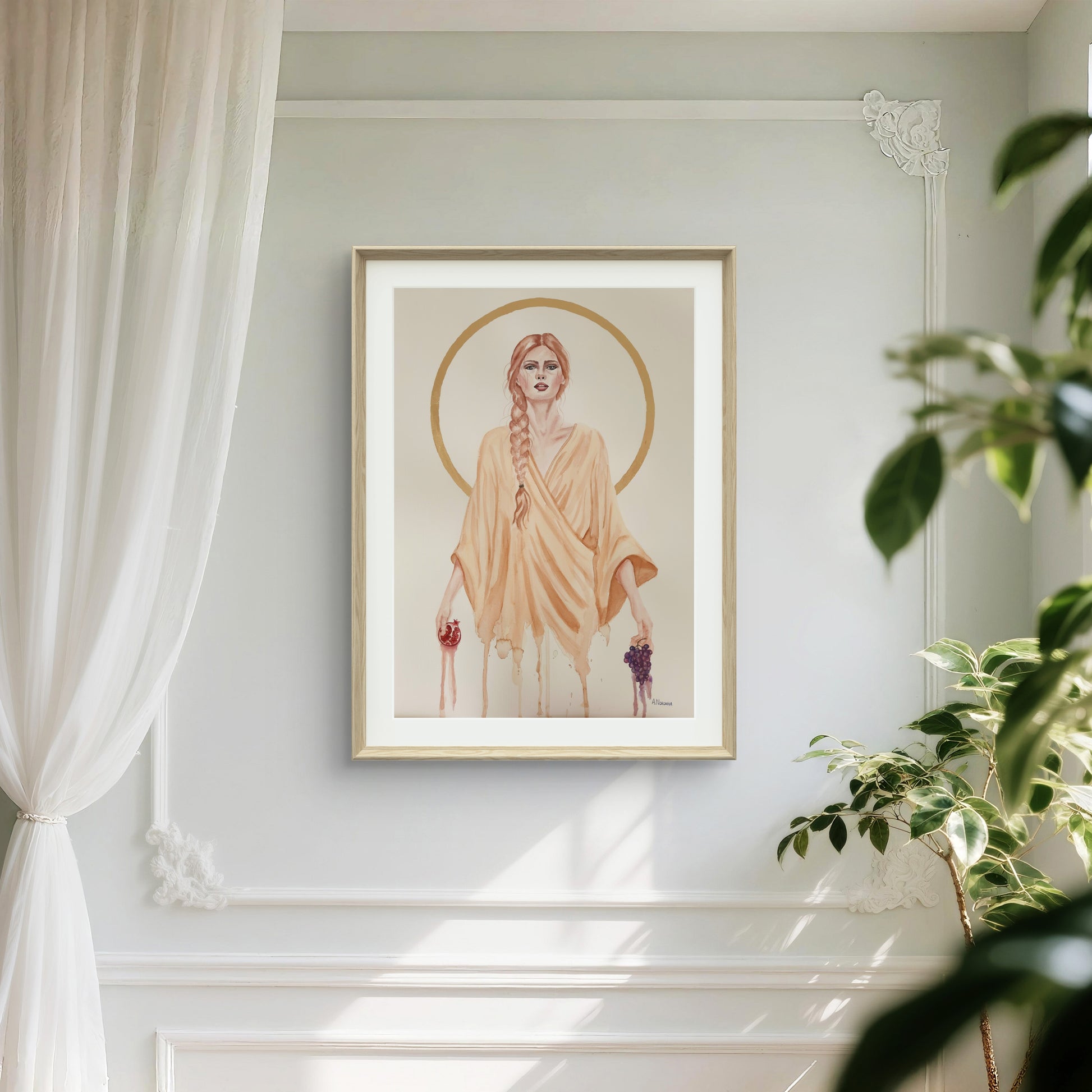 Feminine portrait in watercolor, exploring transparency with gold leaf, original art on paper by Ana Noronha.