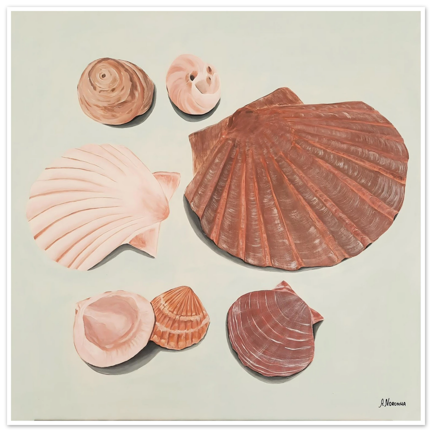 Fine art poster of an acrylic painting titled Nature’s Jewels by Ana Noronha featuring detailed seashells in warm earthy tones and organic textures.