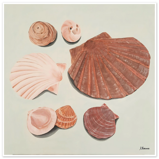 Fine art poster of an acrylic painting titled Nature’s Jewels by Ana Noronha featuring detailed seashells in warm earthy tones and organic textures.