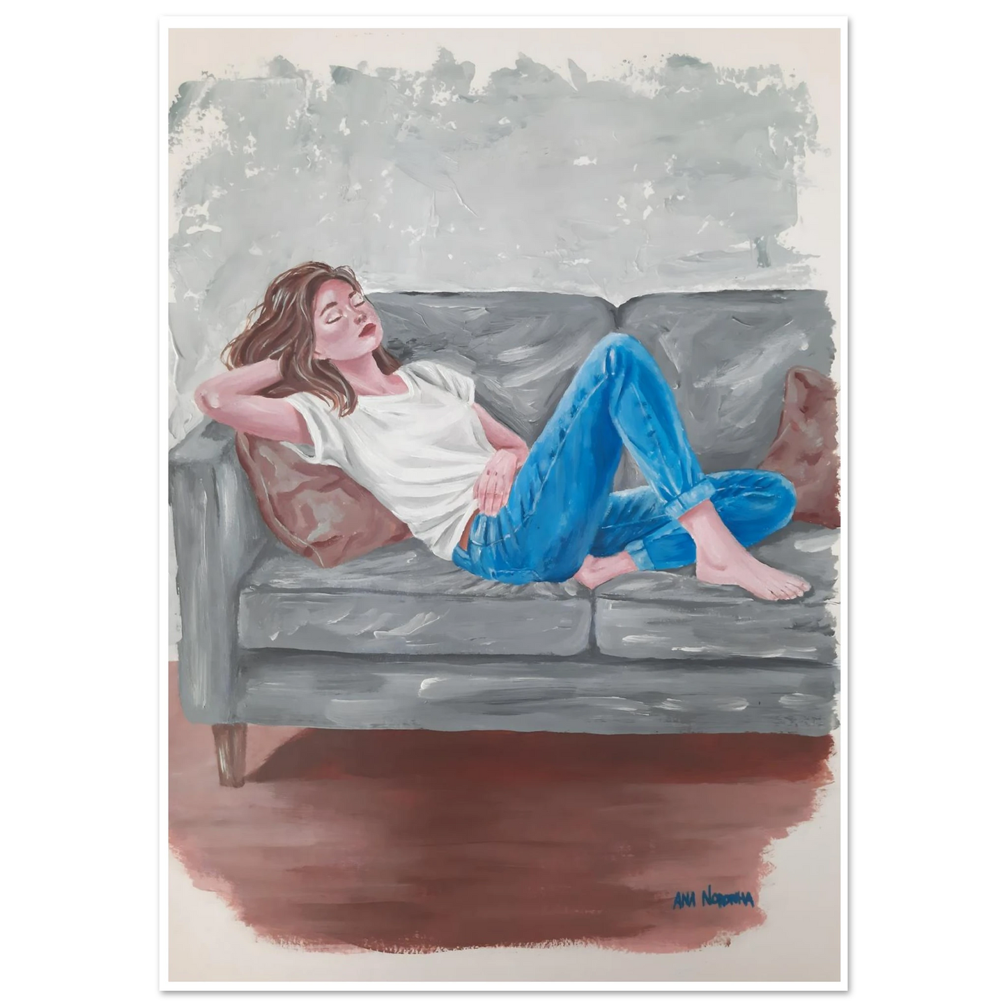 Fine art poster titled Nothing Urgent by Ana Noronha featuring a contemporary and minimalist figurative artwork in soft, muted tones.