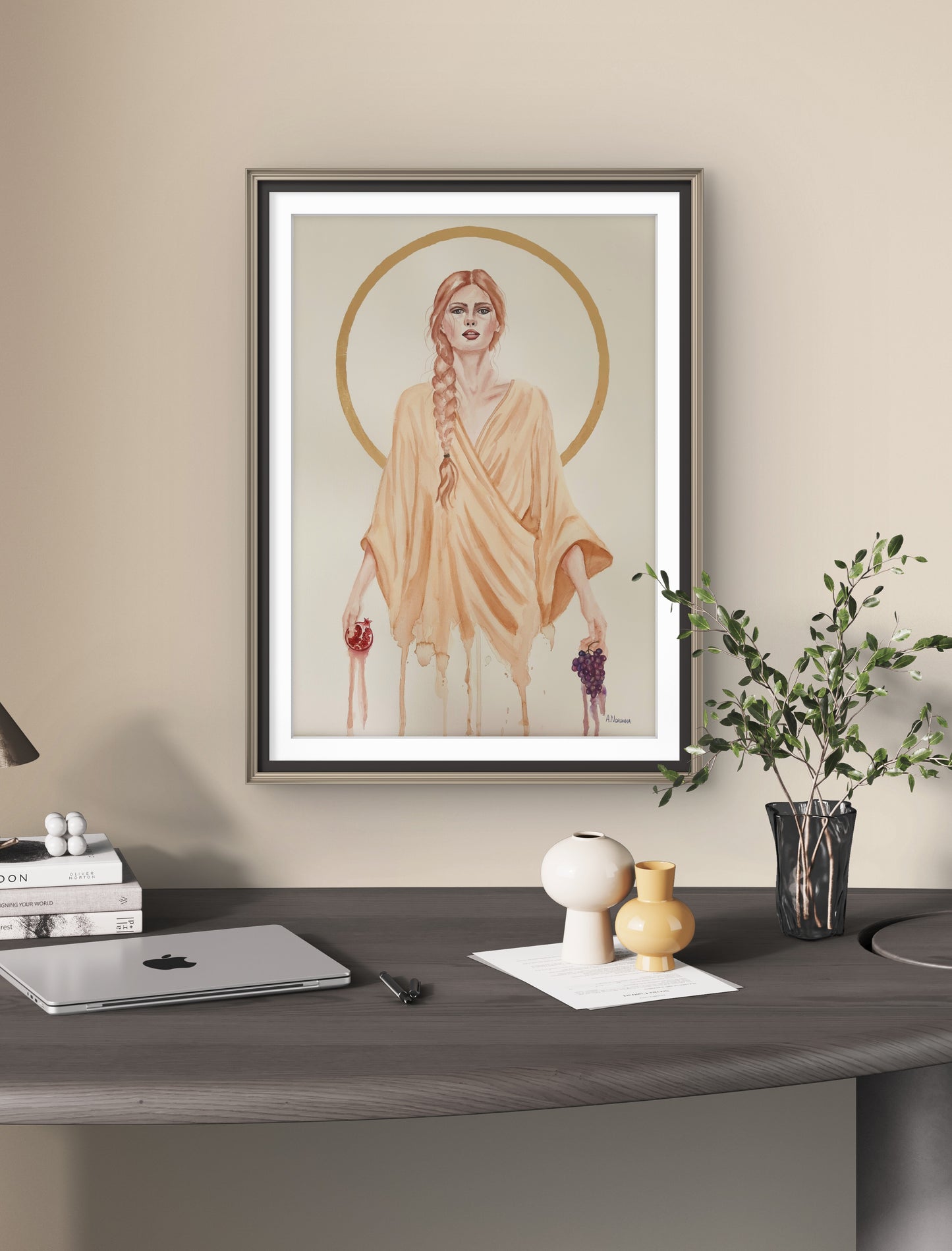 Original watercolor painting by Ana Noronha. Featuring gold leaf and feminine figurative art.