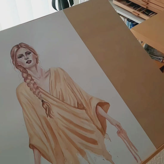 Original watercolor painting by Ana Noronha. Featuring gold leaf and feminine figurative art.