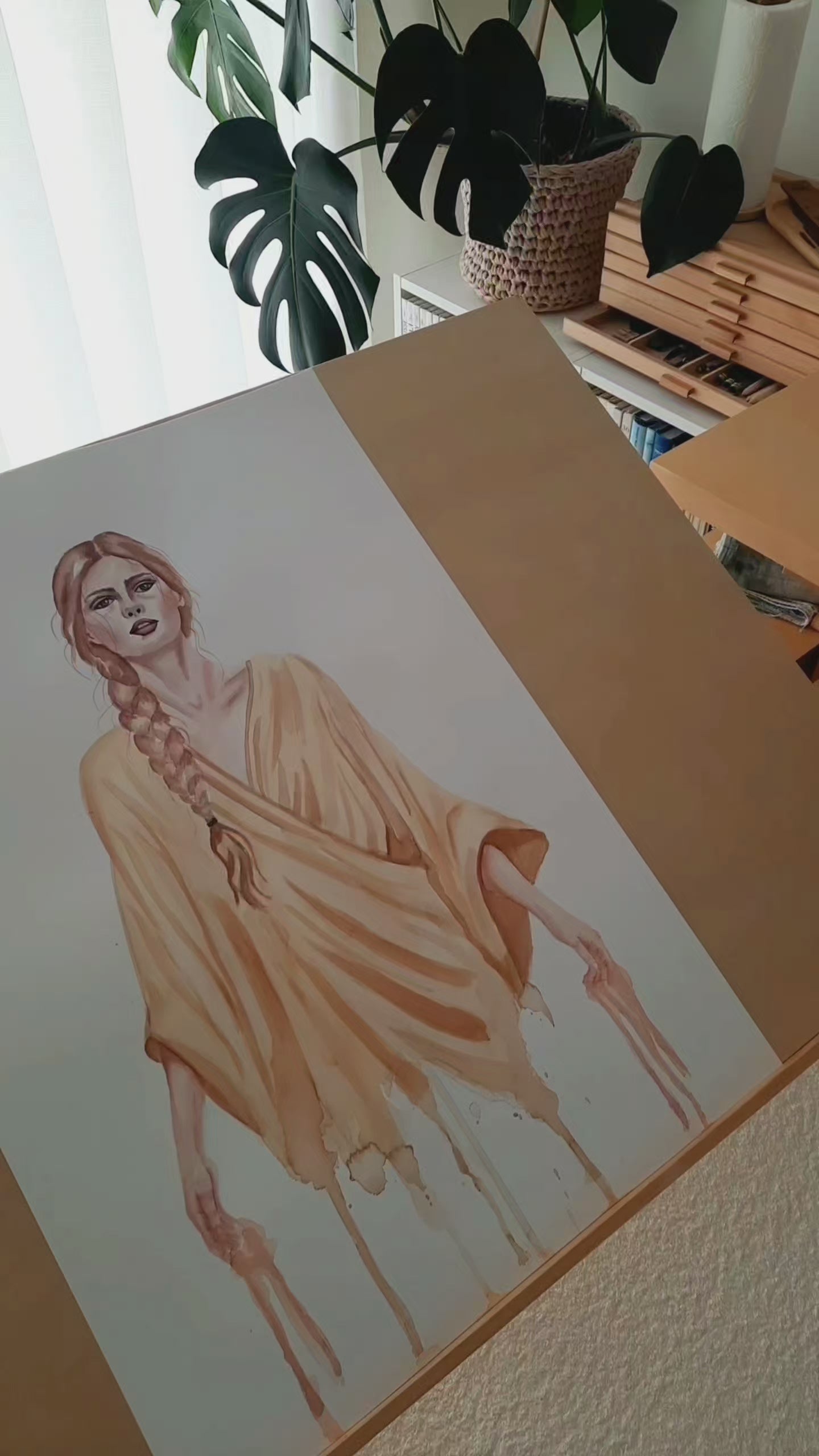 Original watercolor painting by Ana Noronha. Featuring gold leaf and feminine figurative art.